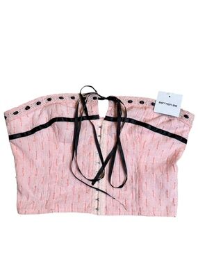 NWT BETTER BE Small Pink Strapless Corset Crop Top with Black Ribbon Accents